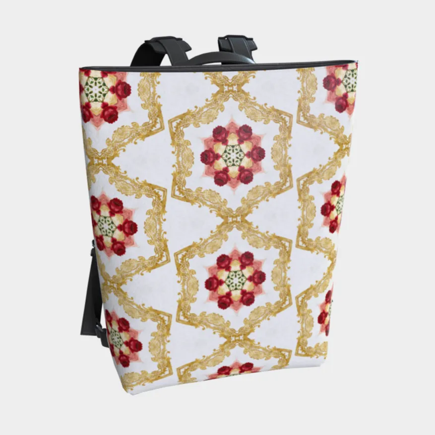 Red and Gold Pattern Vegan Leather Backpack