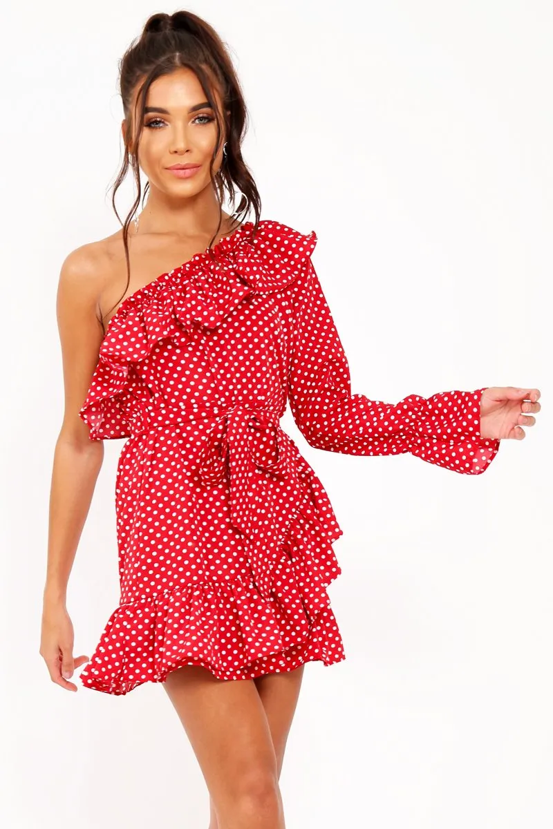 Red and white Polka Dot One Shoulder Frill Dress - Zyann