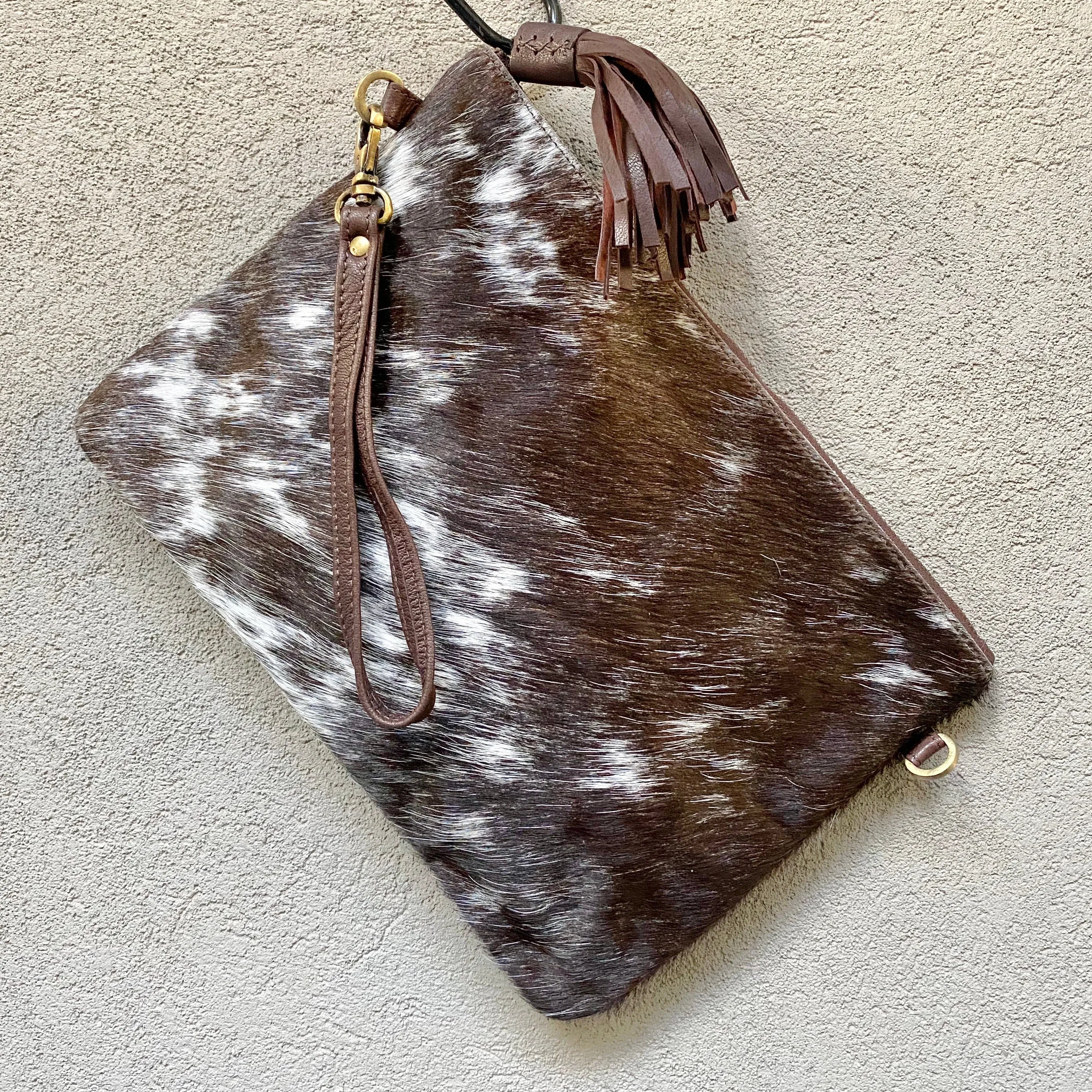 Sahara Reversible Cowhide & Leather Crossbody Clutch Bag - Speckled Chocolate White