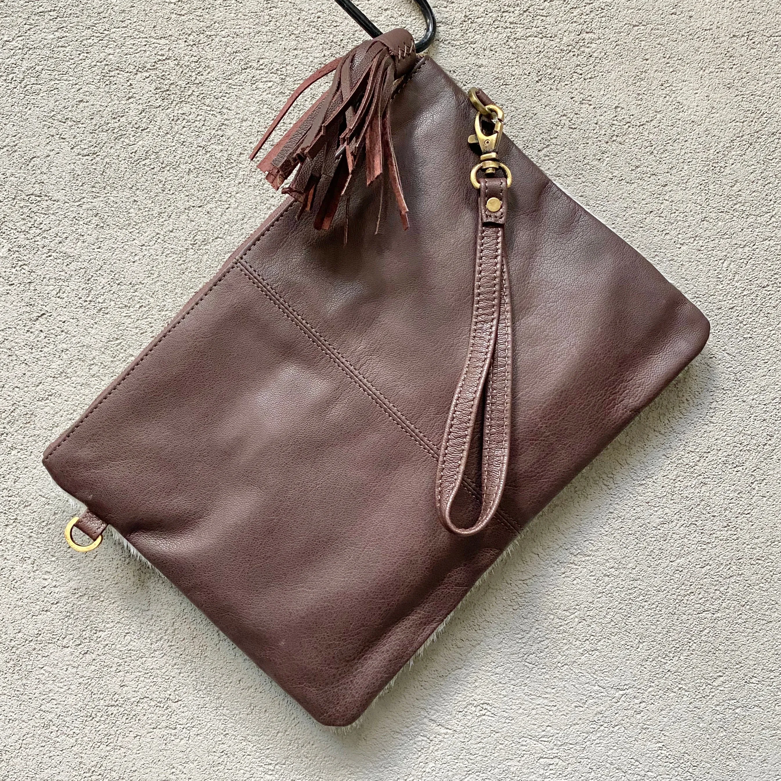 Sahara Reversible Cowhide & Leather Crossbody Clutch Bag - Speckled Chocolate White