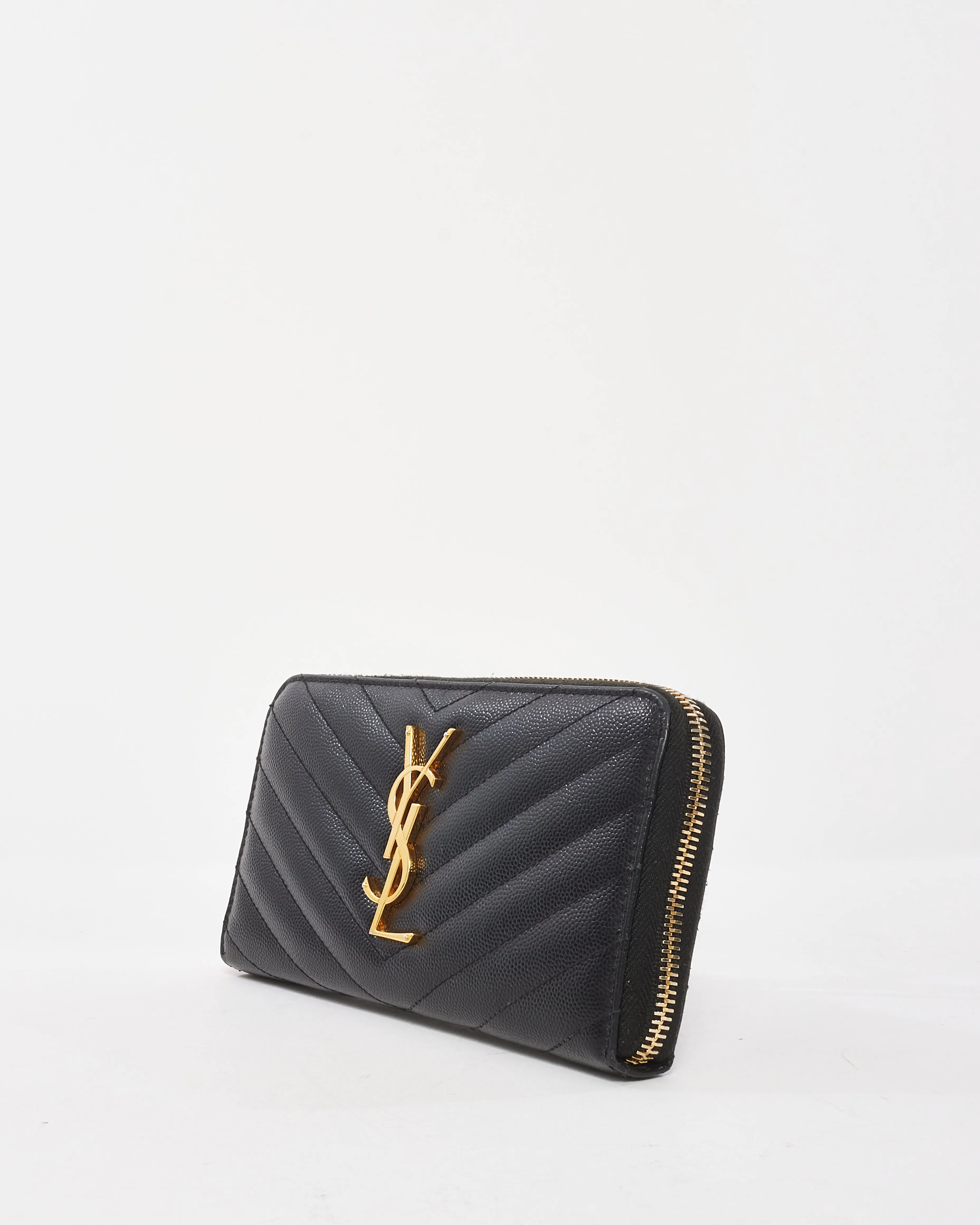 Saint Laurent Black Leather Matelasse Logo Full Zip Long Wallet