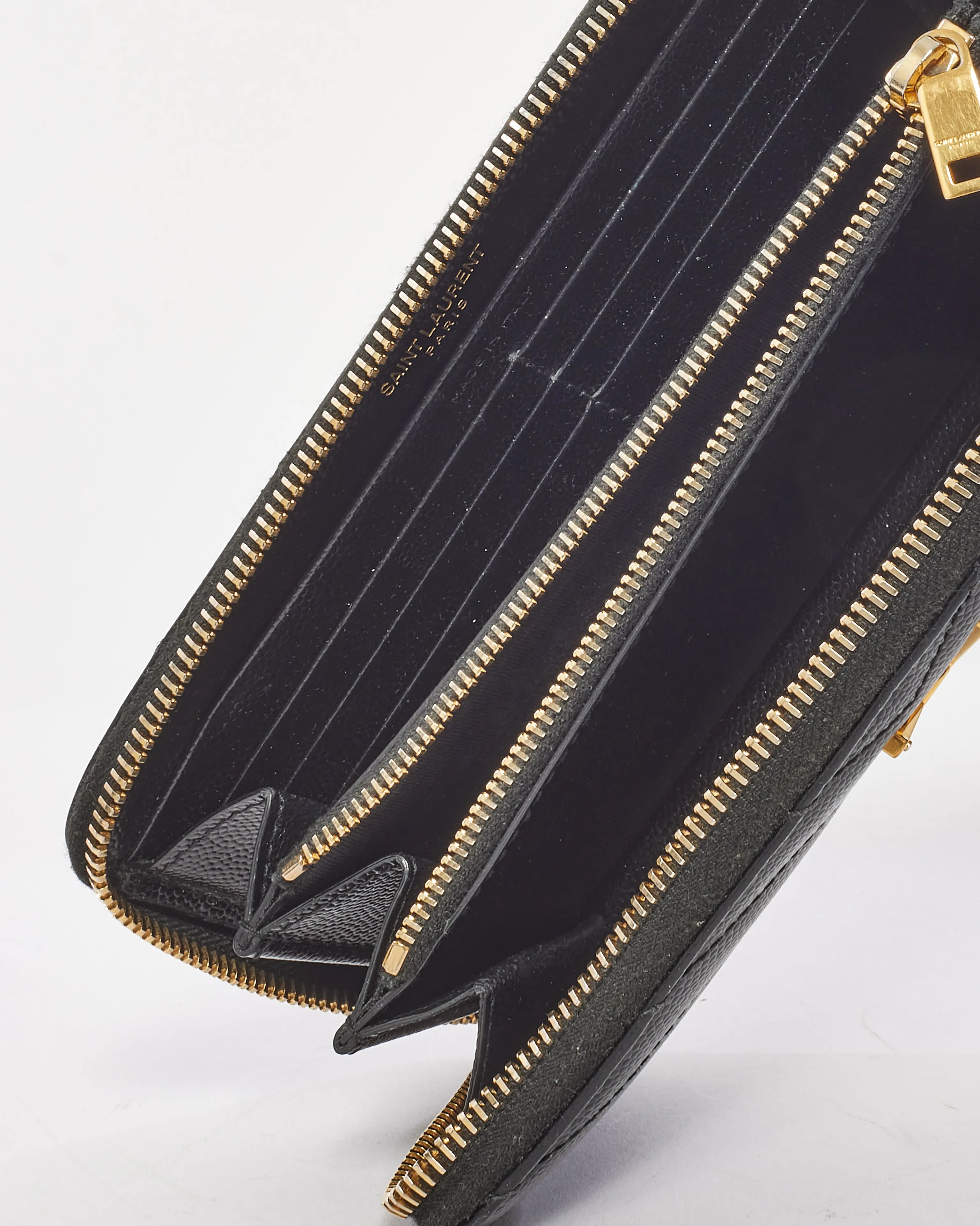 Saint Laurent Black Leather Matelasse Logo Full Zip Long Wallet