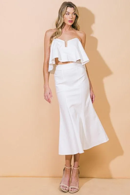SEXY 2PC DENIM CROP OFF SHOULDER TOP WITH HOUR GLASS MAXI SKIRT