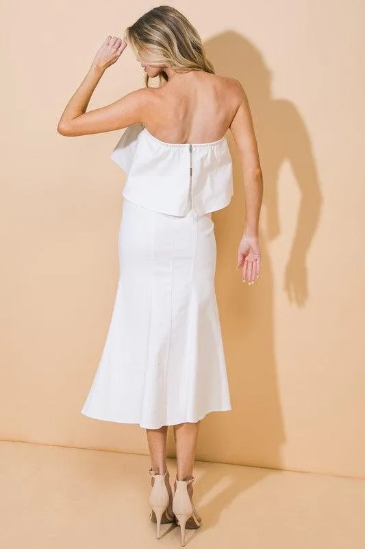 SEXY 2PC DENIM CROP OFF SHOULDER TOP WITH HOUR GLASS MAXI SKIRT
