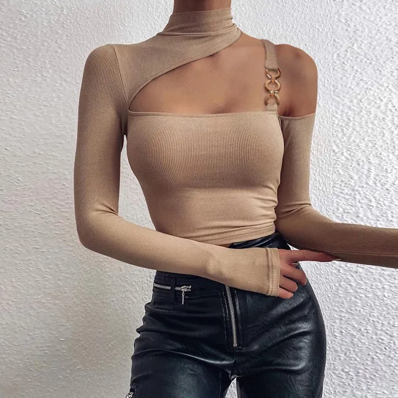 Sexy Off Shoulder Chain Strap Bodycon Blouse