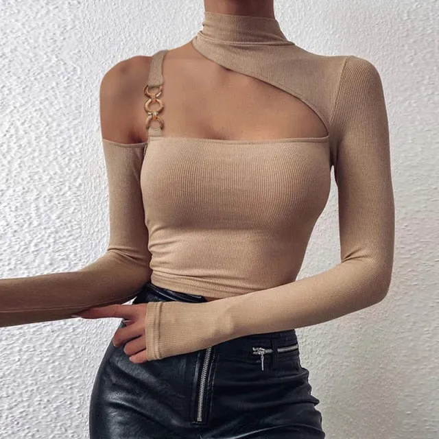 Sexy Off Shoulder Chain Strap Bodycon Blouse