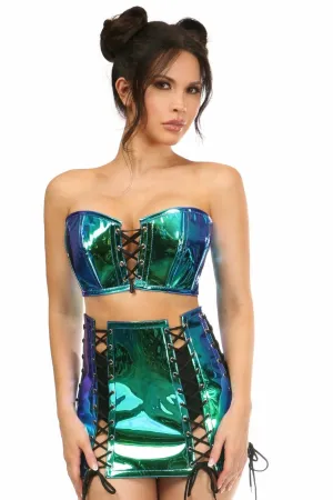 Sexy Two Piece Blue With Teal Holo Bustier & Skirt Set