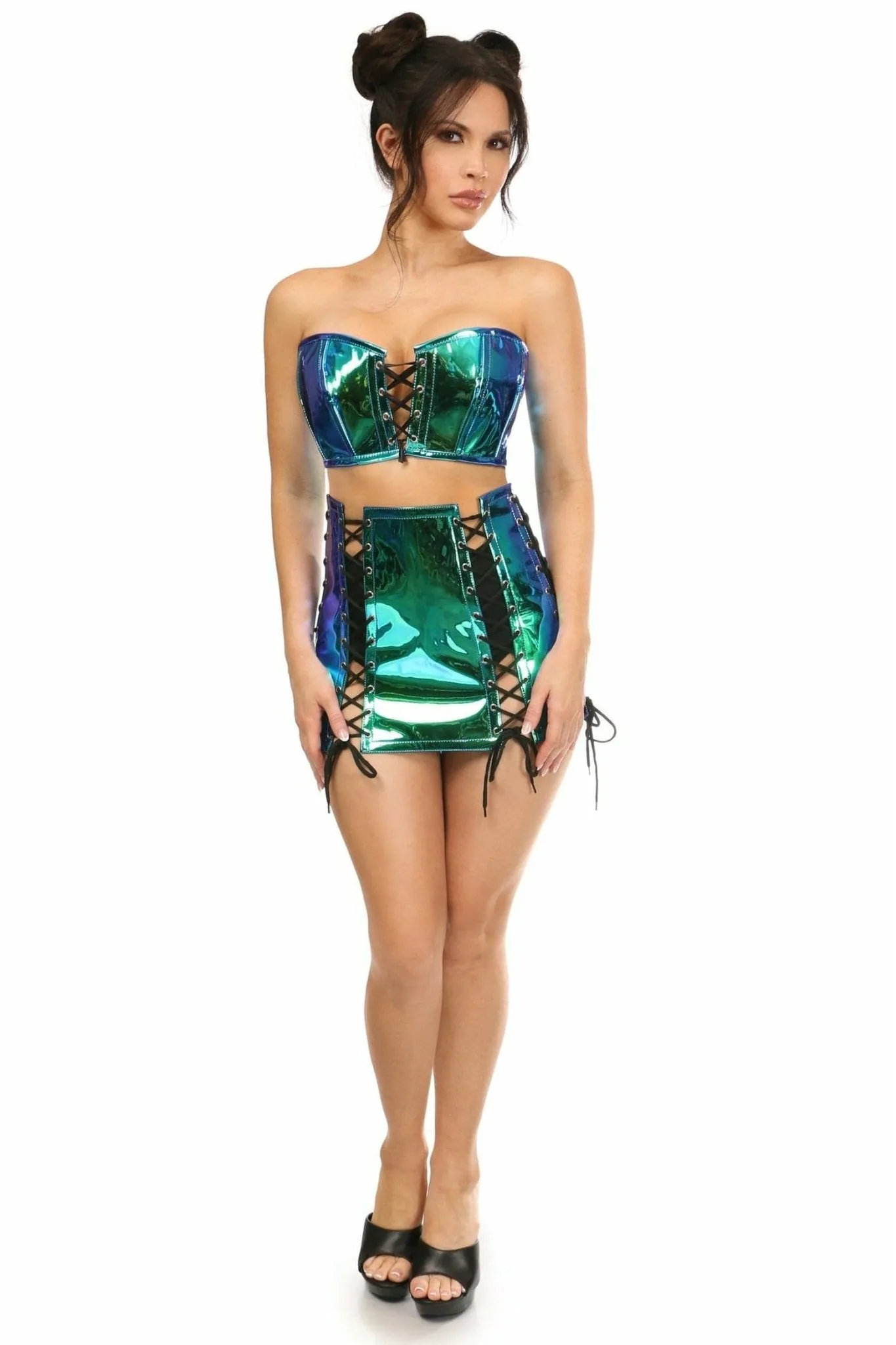 Sexy Two Piece Blue With Teal Holo Bustier & Skirt Set