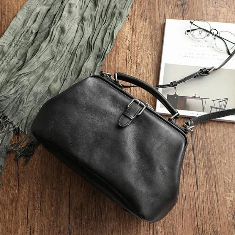 Spurlock Leather Doctor Bag Wide Mouth Crossbody Bag, Black/Brown/Coffee