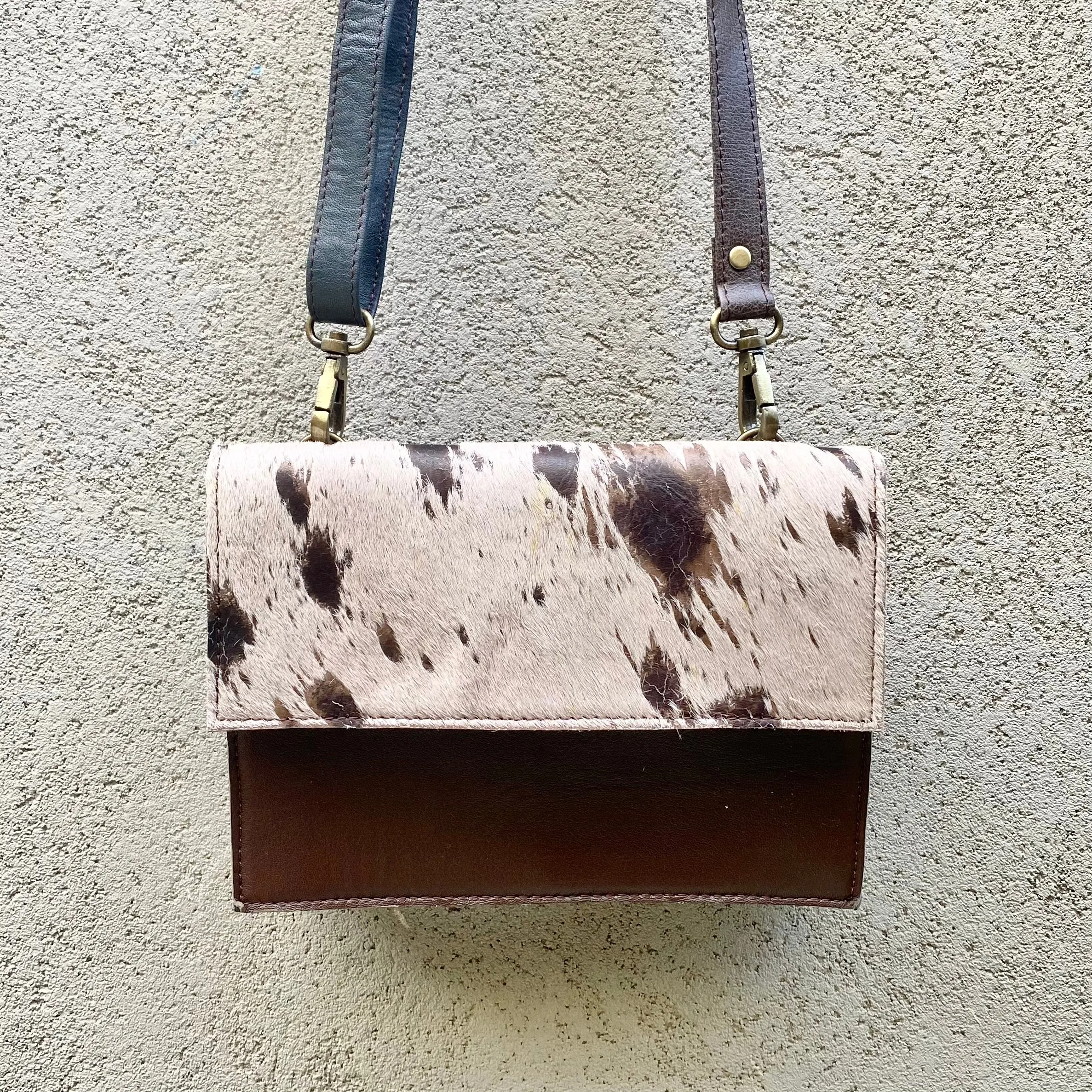 Star Cowhide and Leather Crossbody Clutch Bag - Taupe, Chocolate, Rust