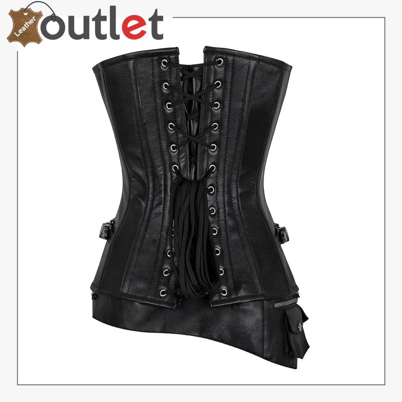 Steam Punk Full Steel Boned C Hook Over bust Bustier Gothic Black Leather Corset