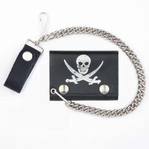 TC304-70s  Tri-Fold Wallet w/ Chain- Pirate Skull