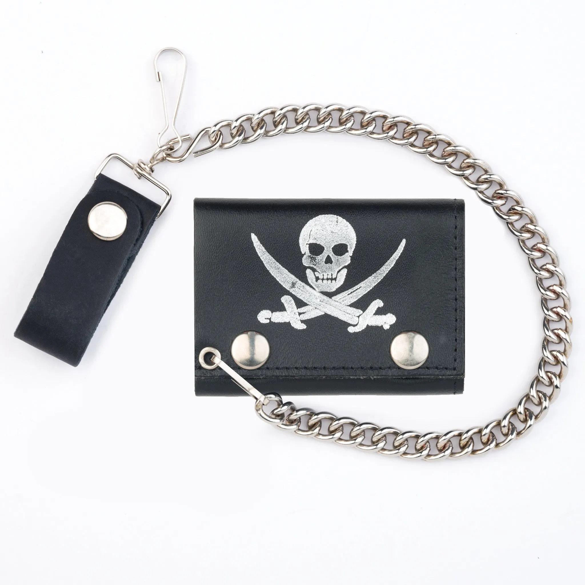 TC304-70s  Tri-Fold Wallet w/ Chain- Pirate Skull