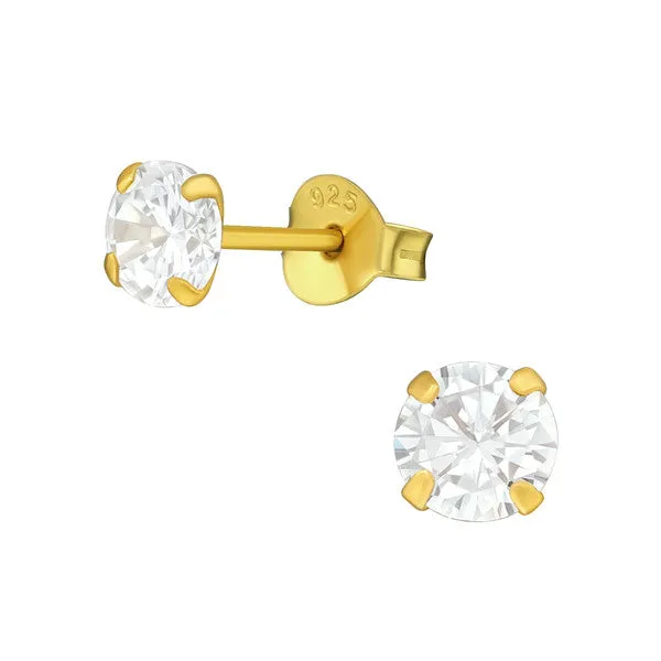 Teens' and Children's Earrings:  Surgical Steel with Gold IP, Clear AAA CZ Studs 5mm
