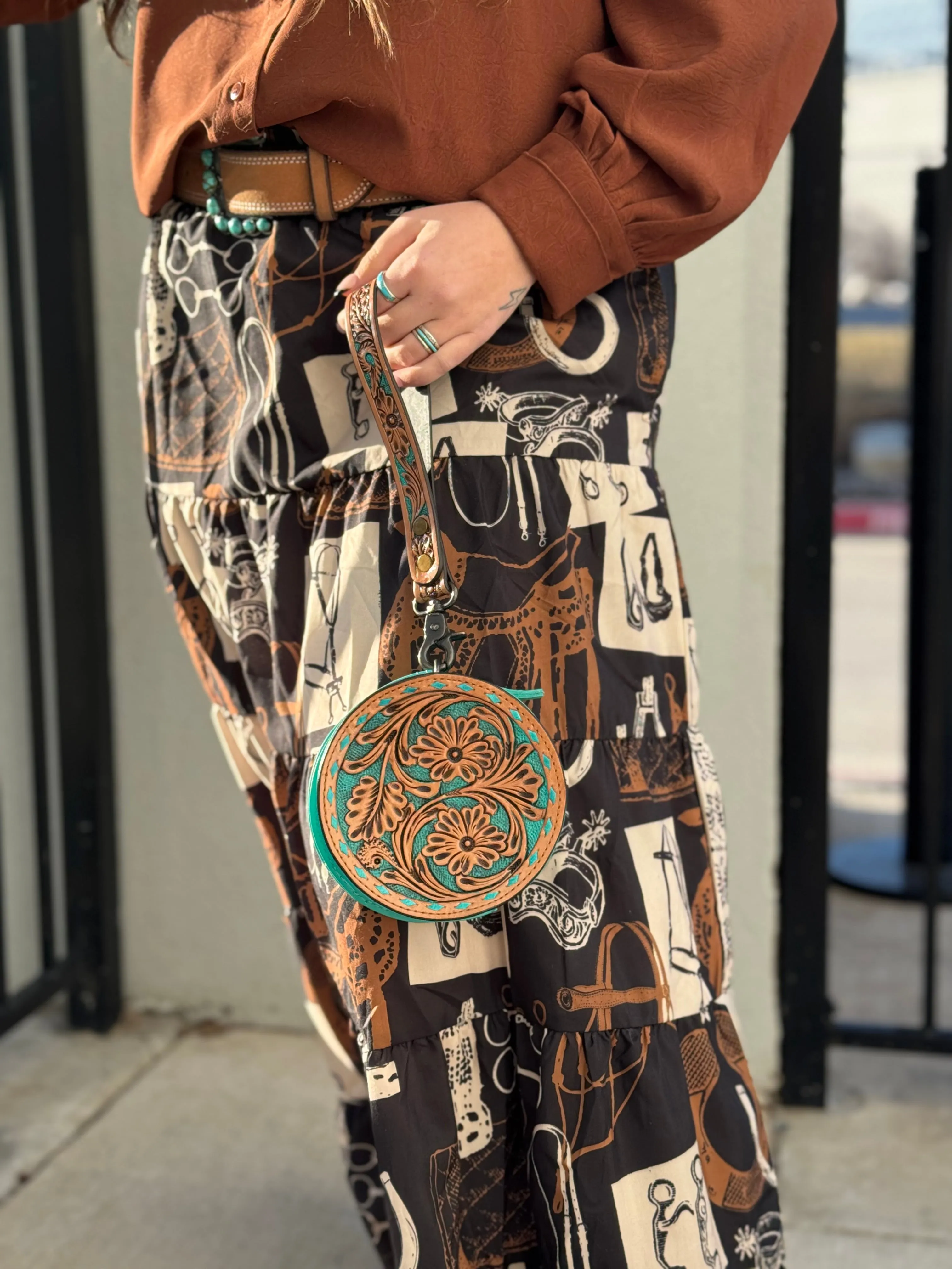 Tooled Leather Wristlet- Turquoise