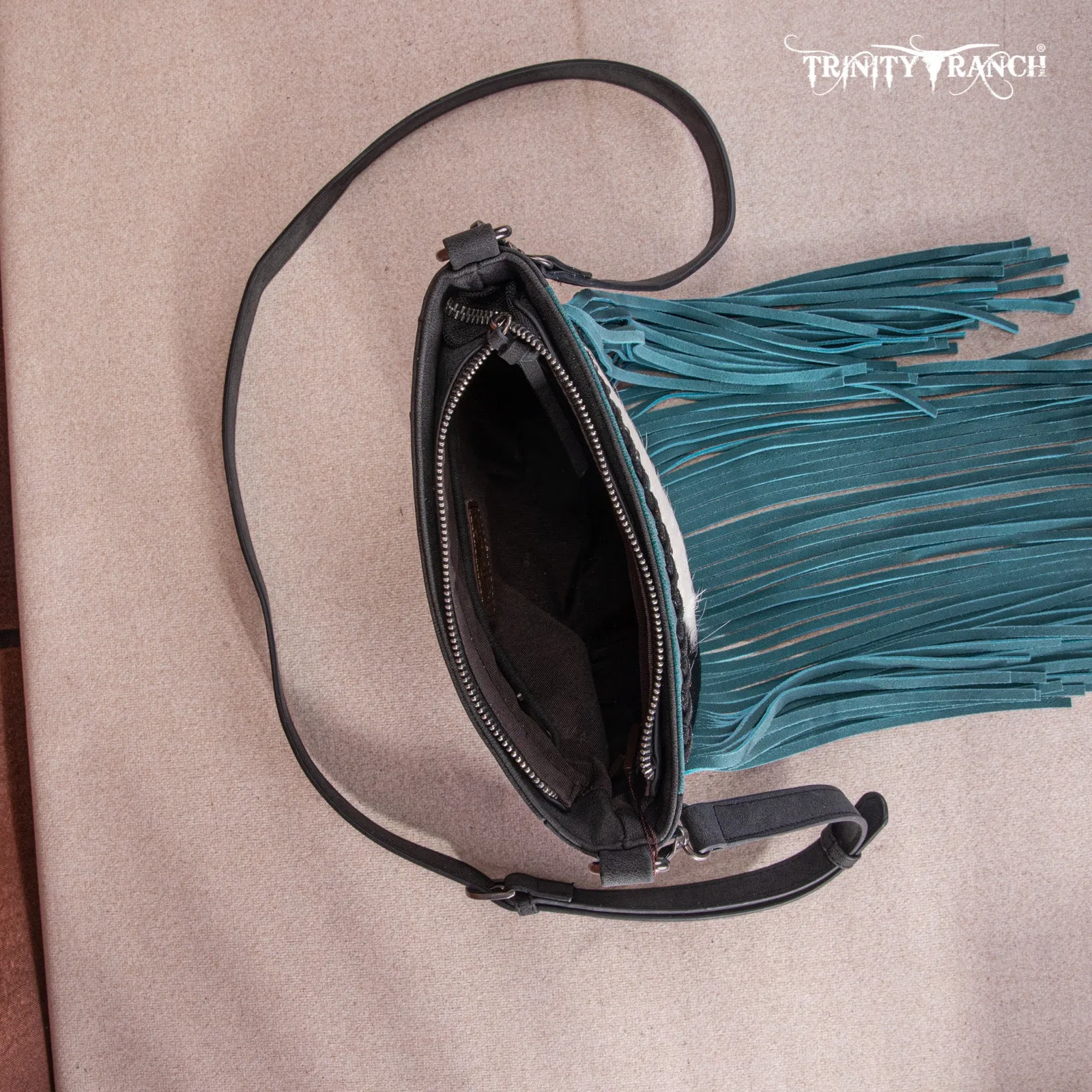 TR171-8360  Trinity Ranch Hair-On Cowhide Fringe Crossbody Bag -Black