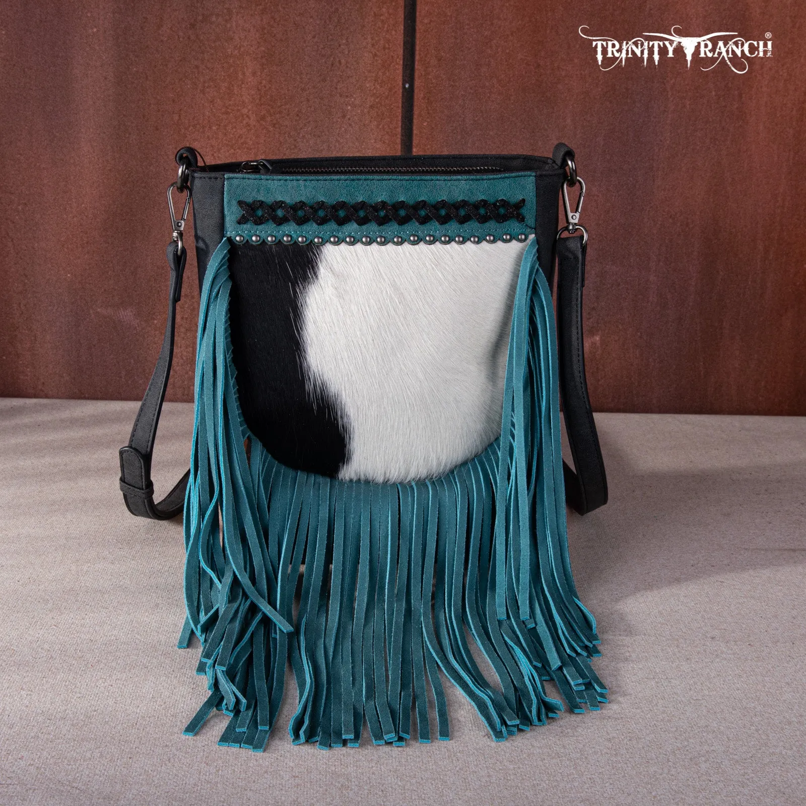 TR171-8360  Trinity Ranch Hair-On Cowhide Fringe Crossbody Bag -Black