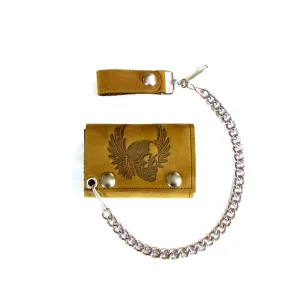 Tri-Fold Wallet w/ Chain- Brown Skull w/ Wings