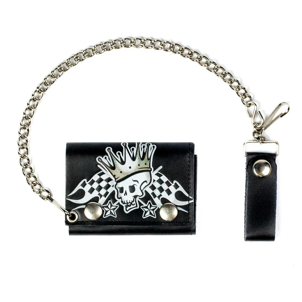 Tri-Fold Wallet w/ Chain- Racing Skull w/ Crown (Color)