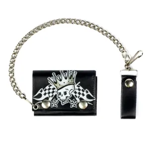 Tri-Fold Wallet w/ Chain- Racing Skull w/ Crown (Color)