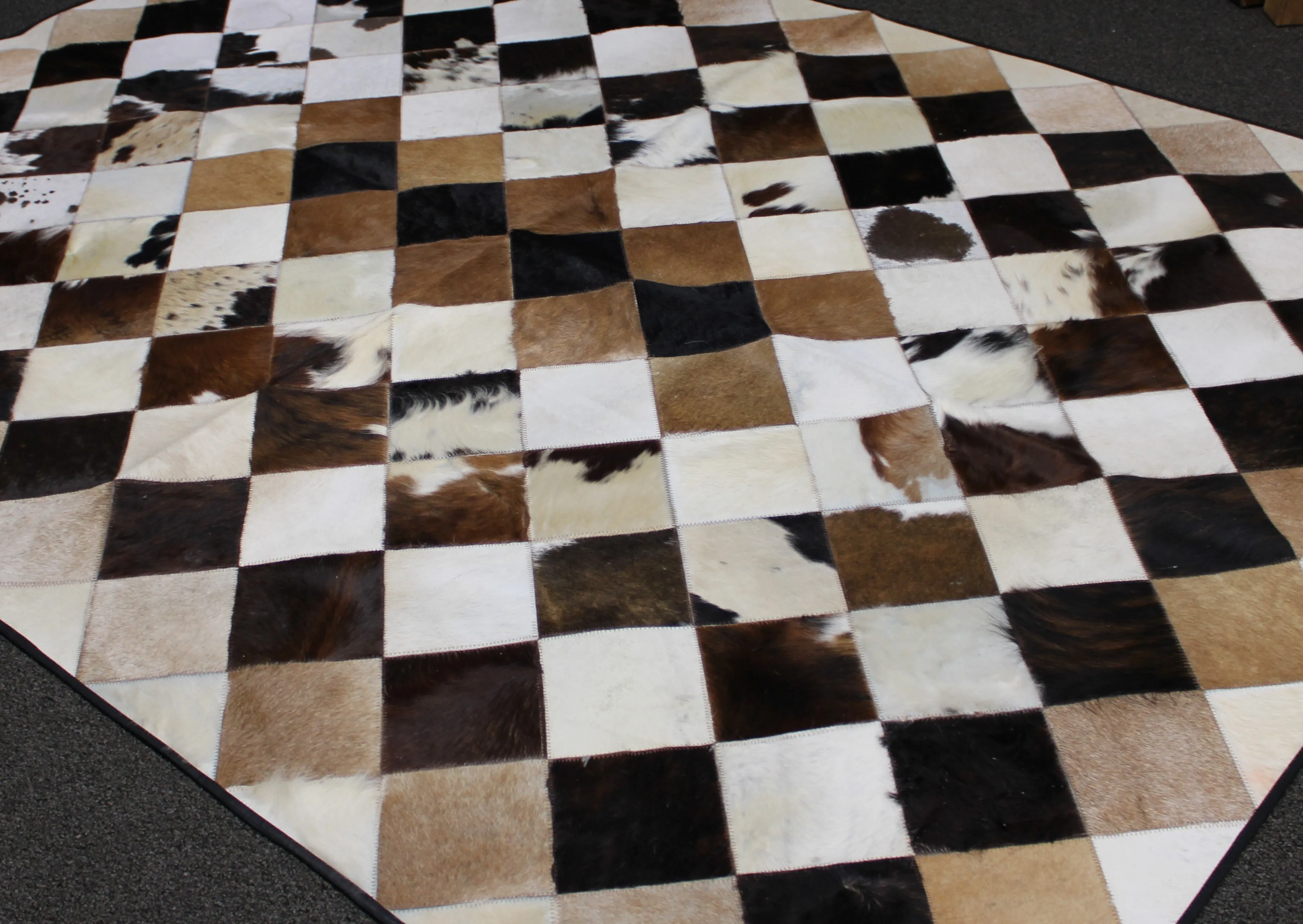 Tricolor Patchwork Cowhide Rug – 7.7ft x 5.7ft  Premium Cowhide Rug
