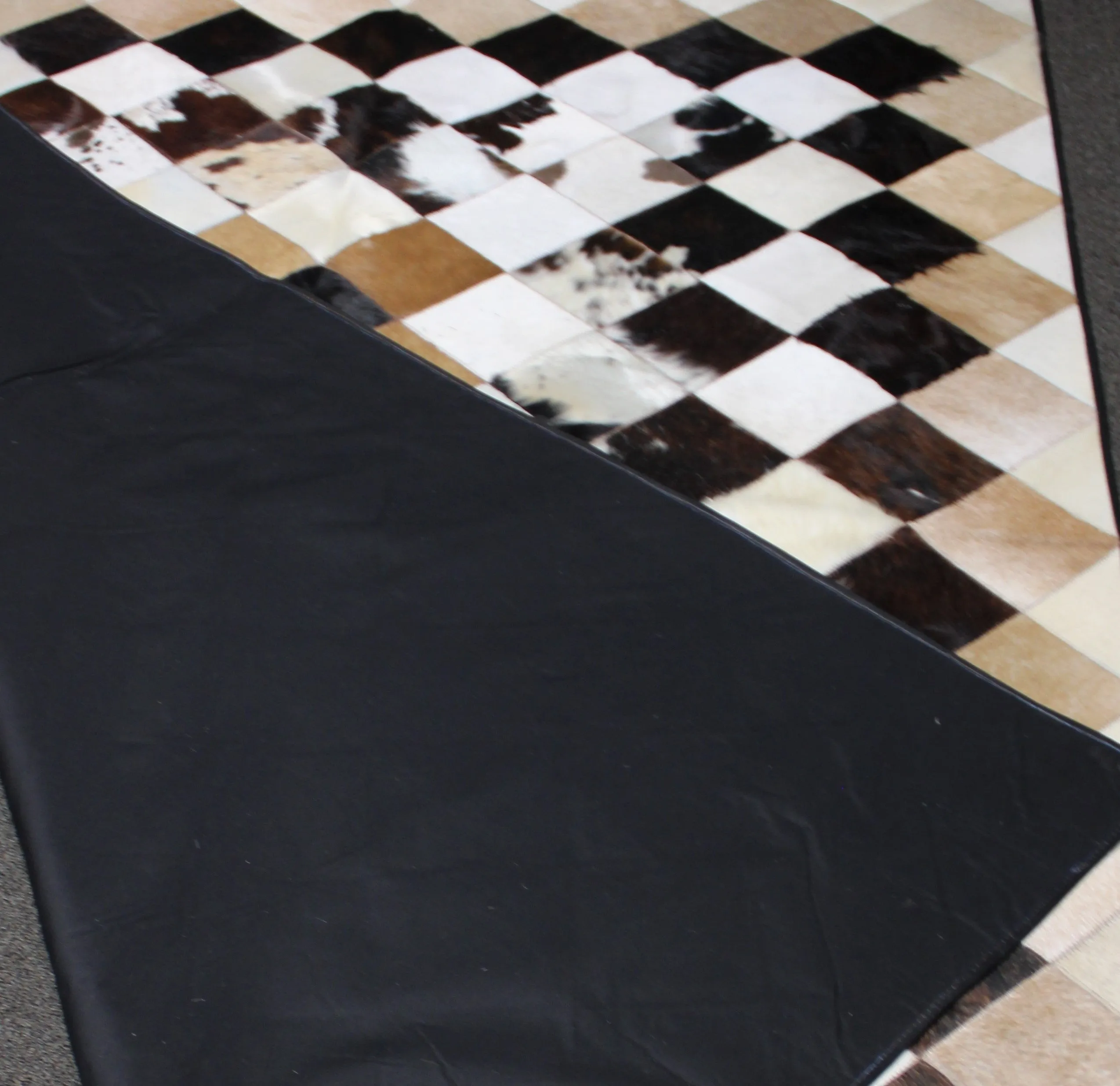 Tricolor Patchwork Cowhide Rug – 7.7ft x 5.7ft  Premium Cowhide Rug