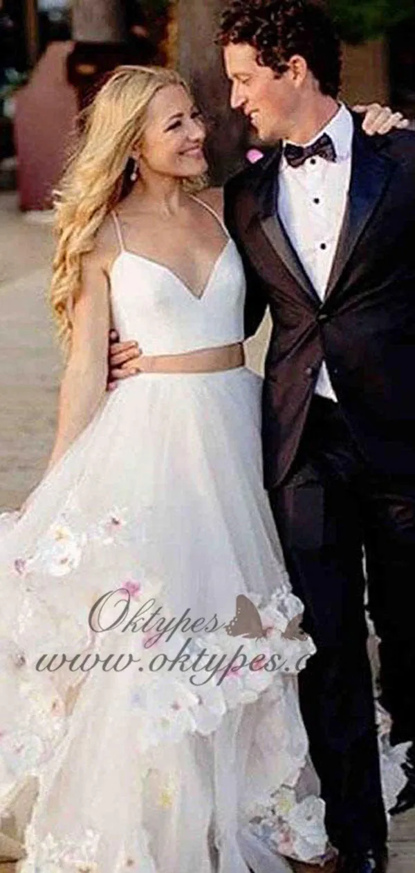 Two Piece Spaghetti Strap V-neck Cheap Ivory Tulle  Wedding Dresses, TYP1483