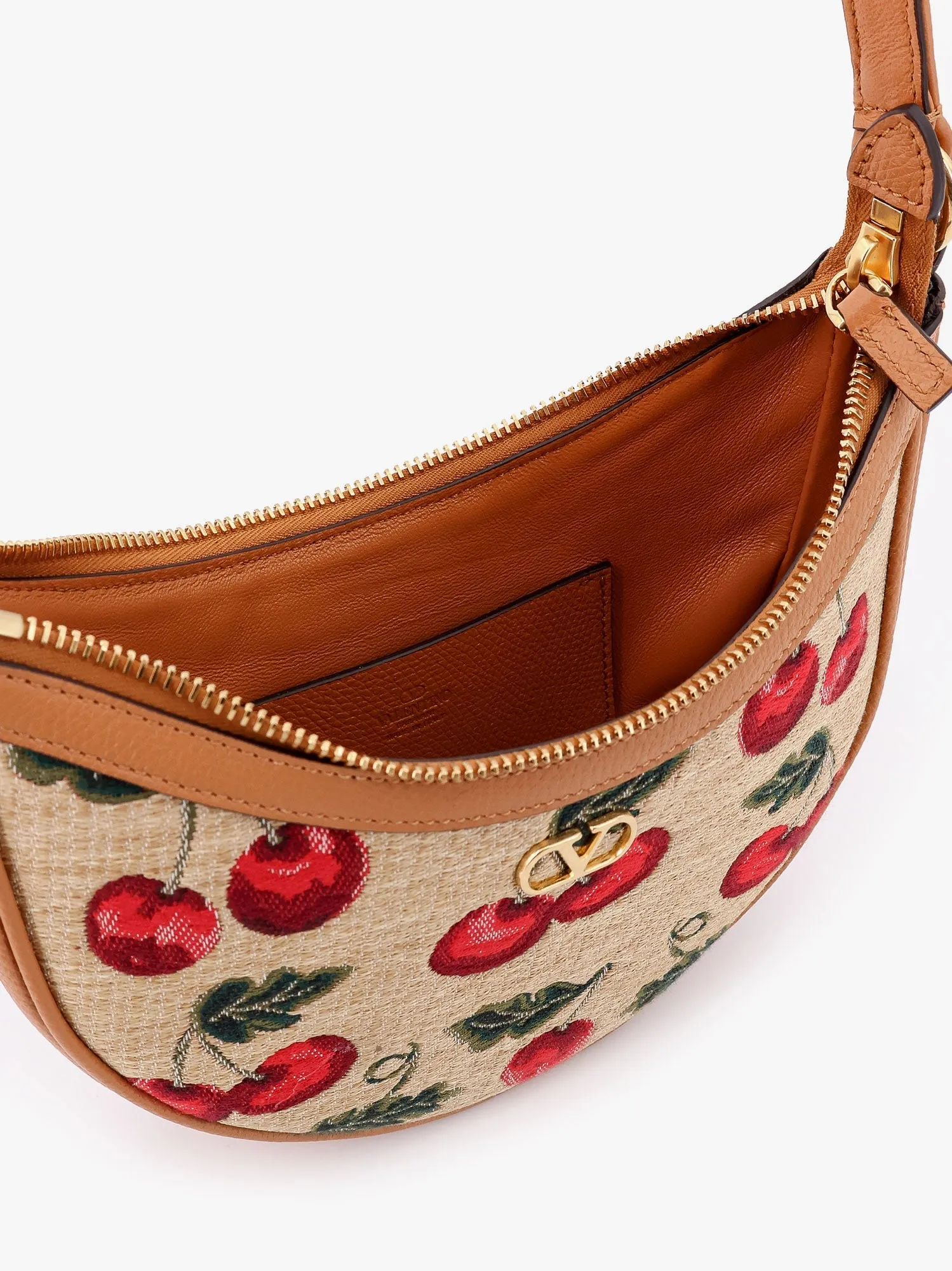 Valentino Garavani Jacquard Synthetic Rafia Shoulder Bag With Cherryfic Motif And Leather