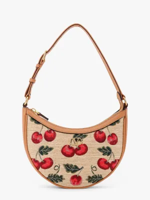 Valentino Garavani Jacquard Synthetic Rafia Shoulder Bag With Cherryfic Motif And Leather