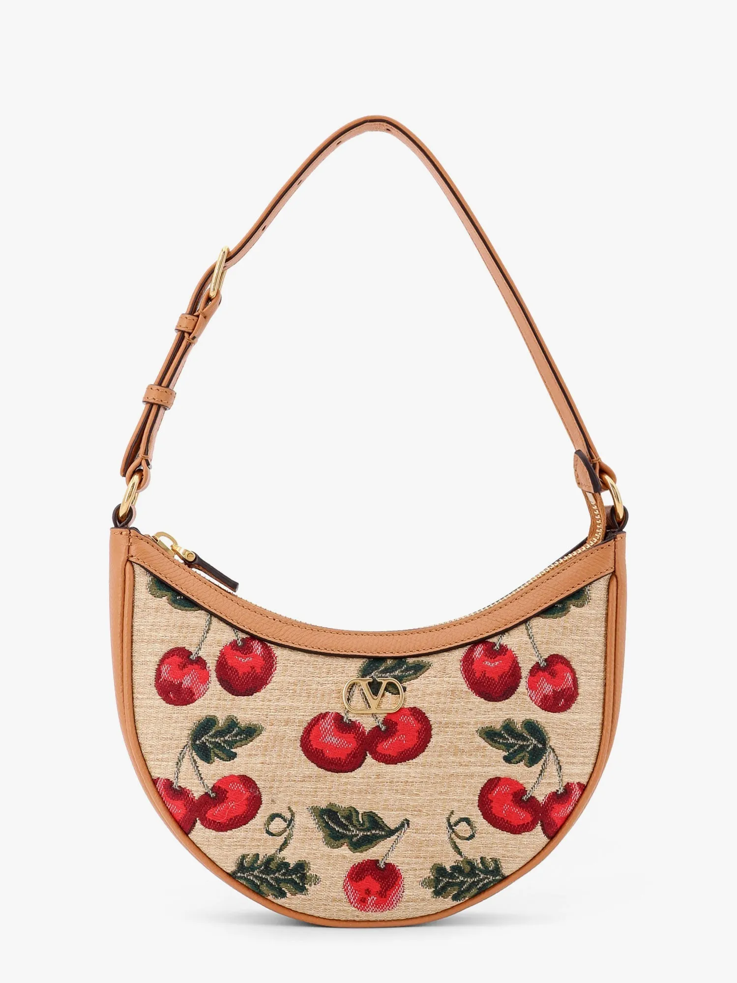 Valentino Garavani Jacquard Synthetic Rafia Shoulder Bag With Cherryfic Motif And Leather