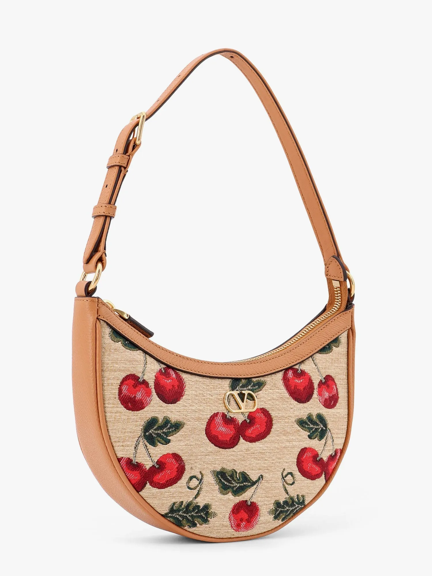Valentino Garavani Jacquard Synthetic Rafia Shoulder Bag With Cherryfic Motif And Leather