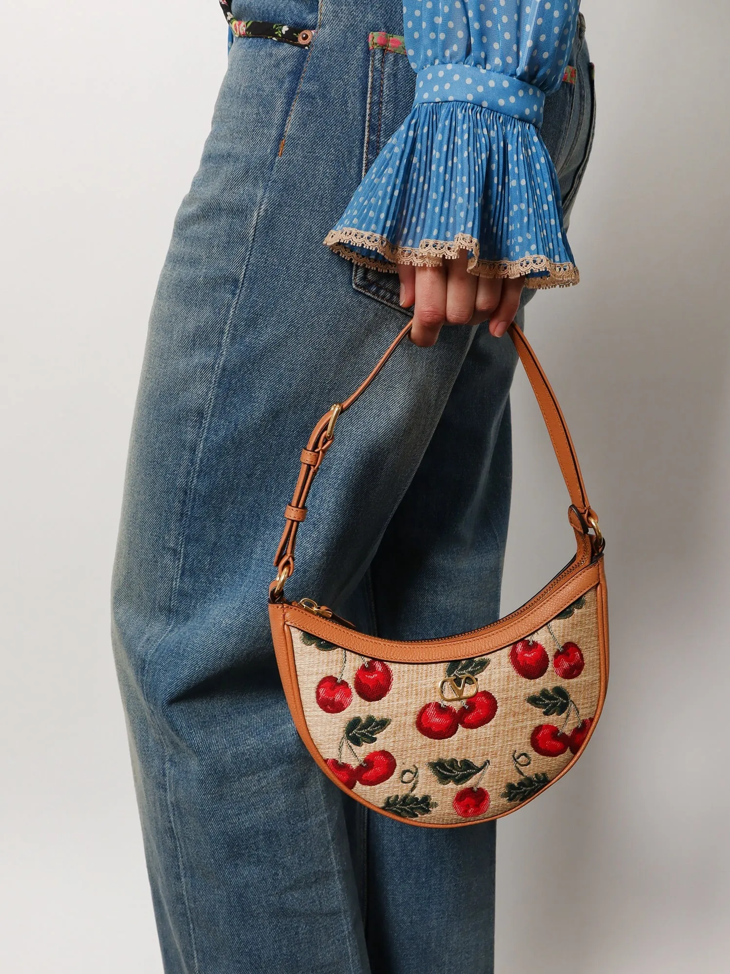 Valentino Garavani Jacquard Synthetic Rafia Shoulder Bag With Cherryfic Motif And Leather