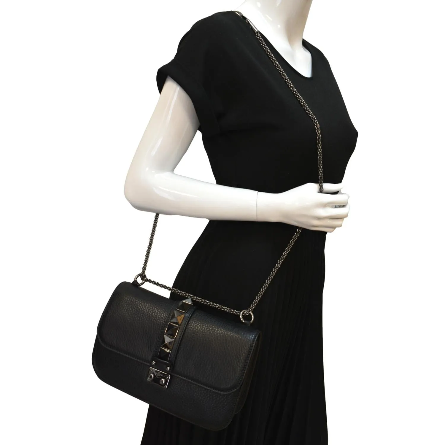 VALENTINO Glam Lock Rockstud Flap Medium Calfskin Leather Crossbody Bag Black