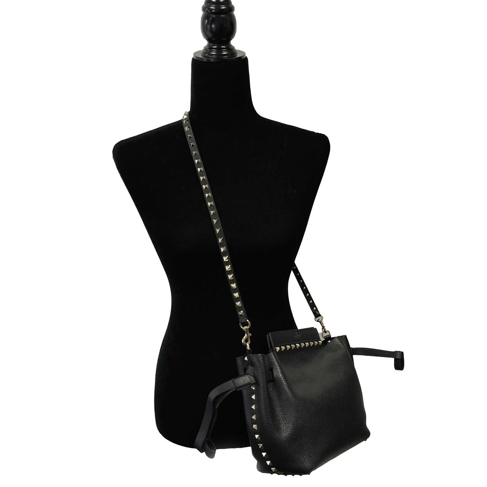 Valentino - Rockstud Drawstring Black Leather Shoulder Bag / Crossbody