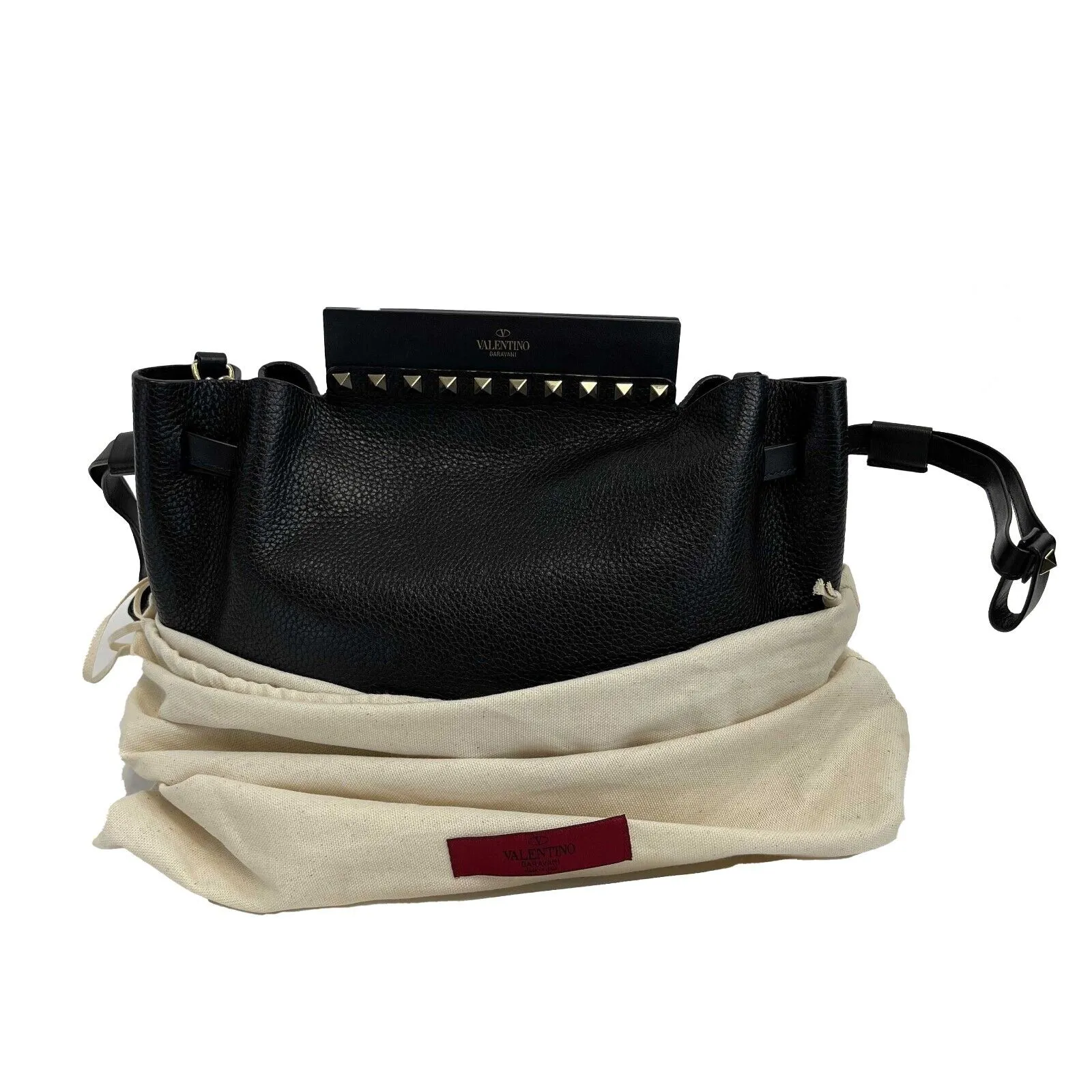 Valentino - Rockstud Drawstring Black Leather Shoulder Bag / Crossbody