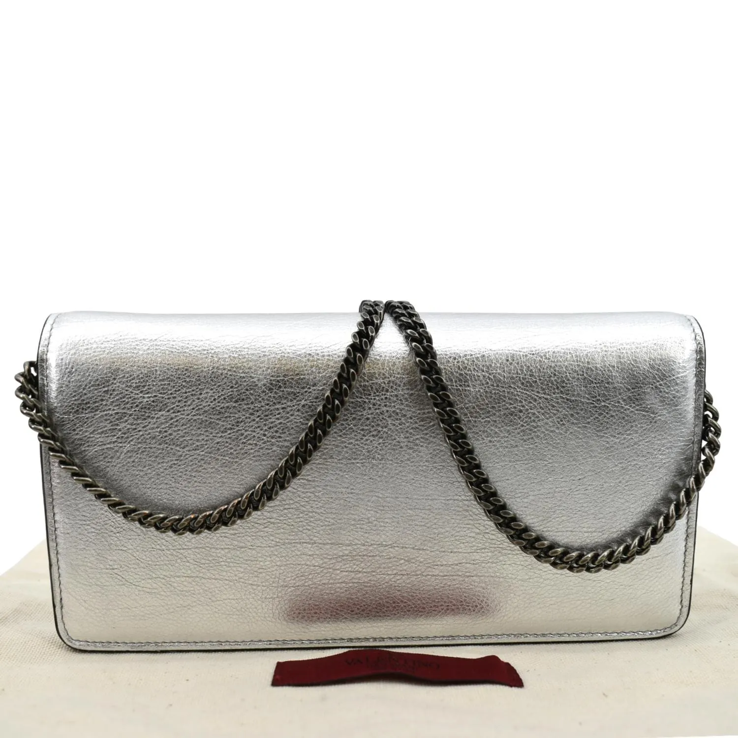 VALENTINO VLogo Signature Metallic Leather Wallet On Chain Crossbody Bag Silver