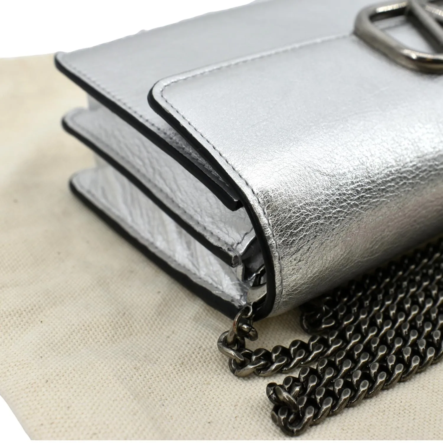 VALENTINO VLogo Signature Metallic Leather Wallet On Chain Crossbody Bag Silver