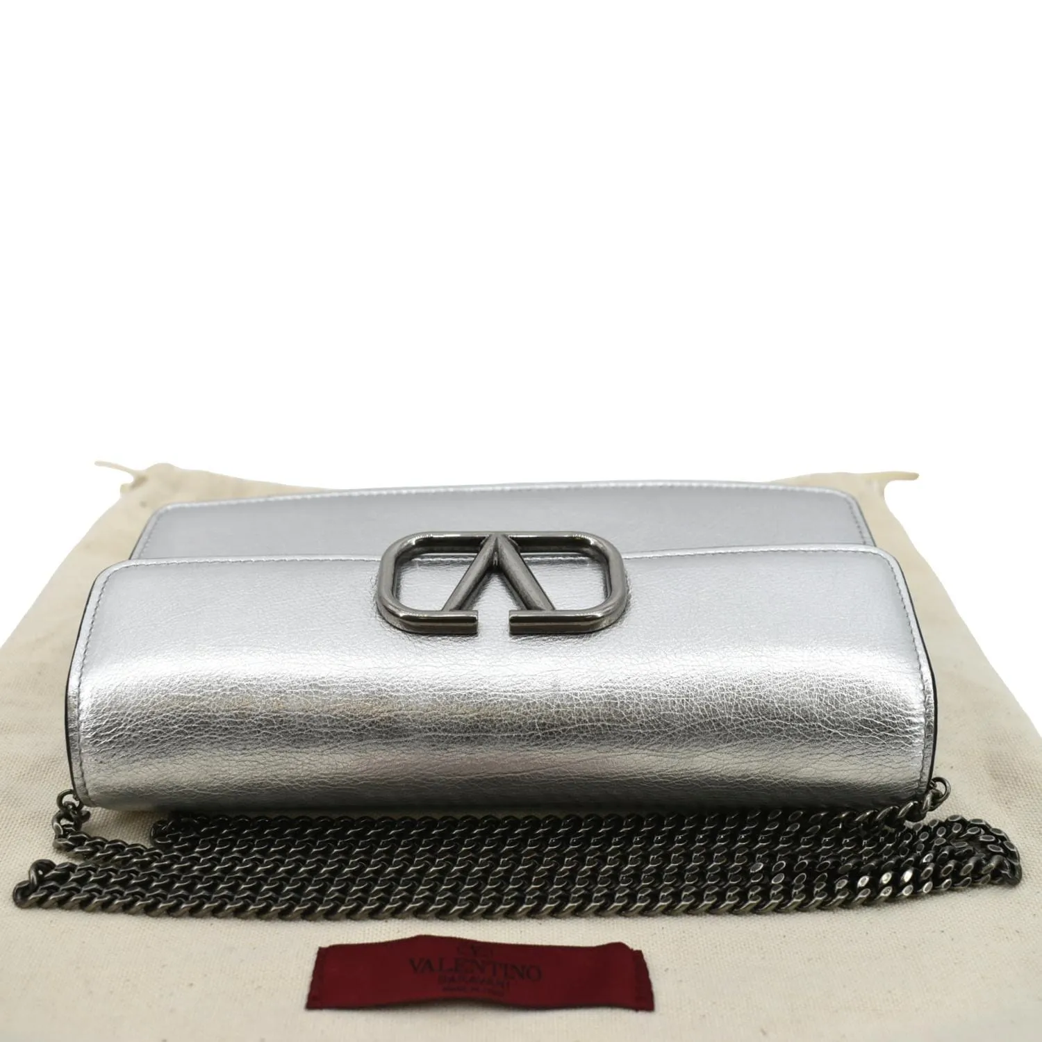 VALENTINO VLogo Signature Metallic Leather Wallet On Chain Crossbody Bag Silver