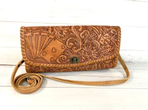 Vegas Hearts Leather Tooled Wide Clutch Handbag