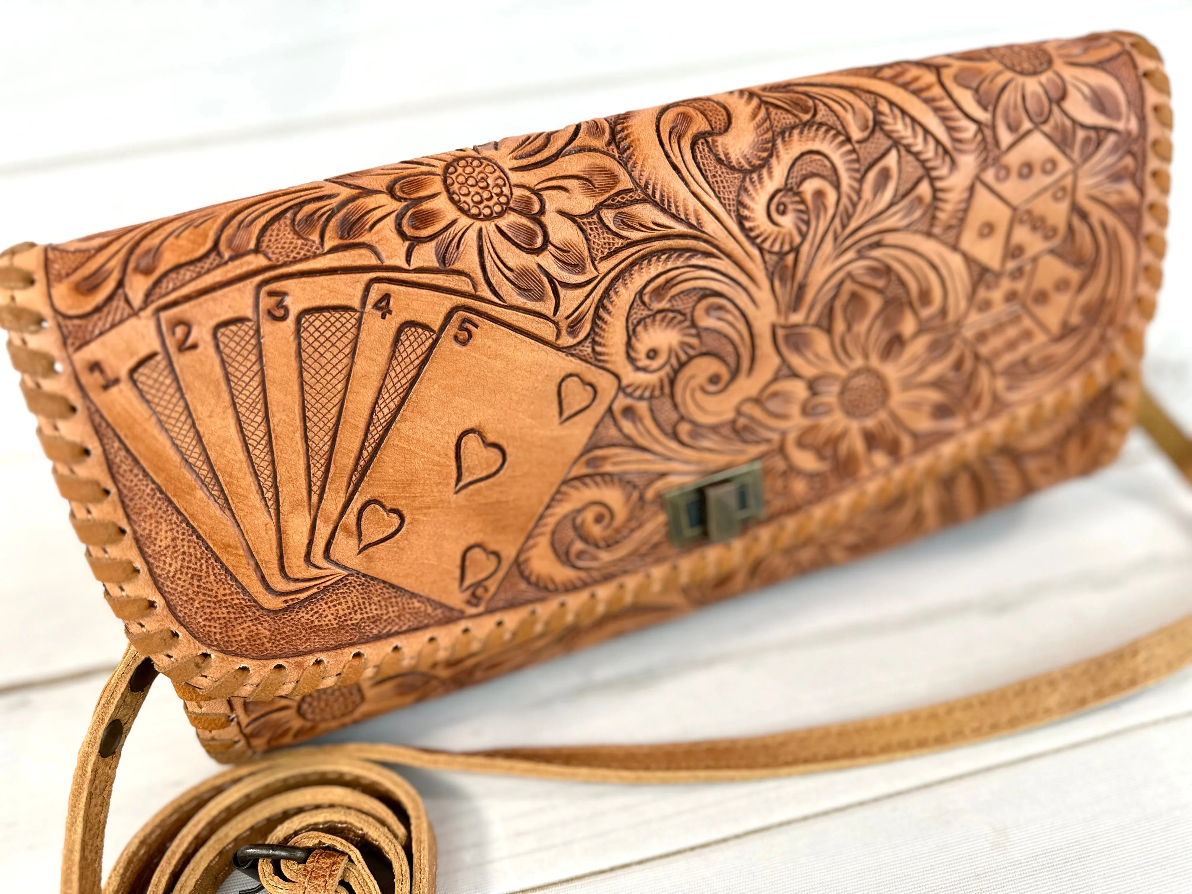 Vegas Hearts Leather Tooled Wide Clutch Handbag