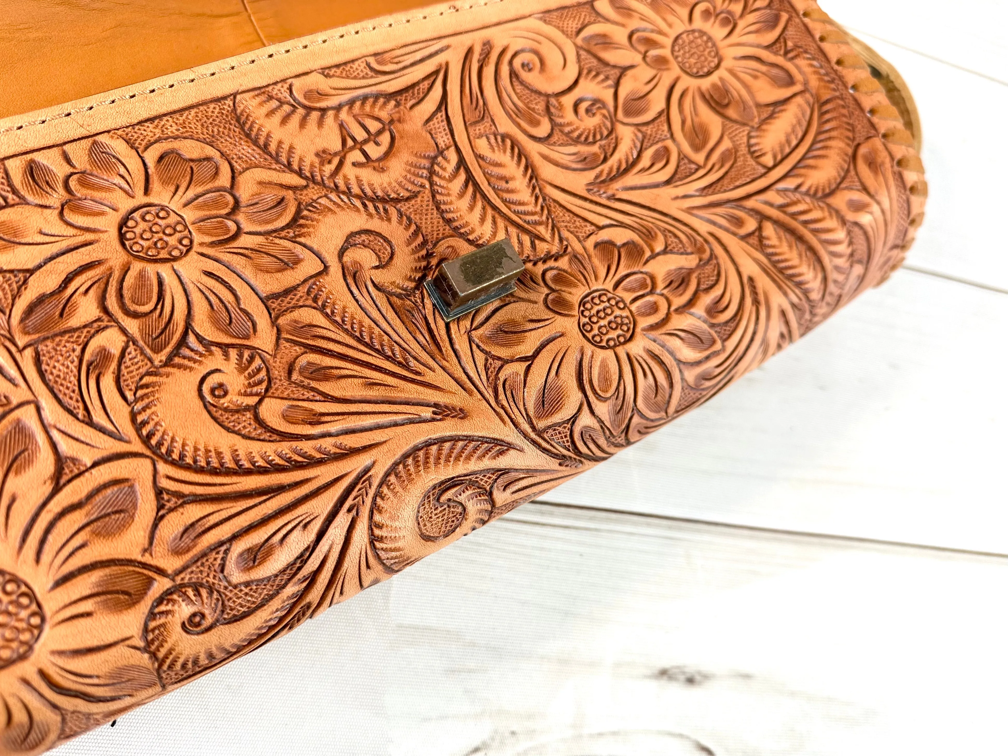 Vegas Hearts Leather Tooled Wide Clutch Handbag