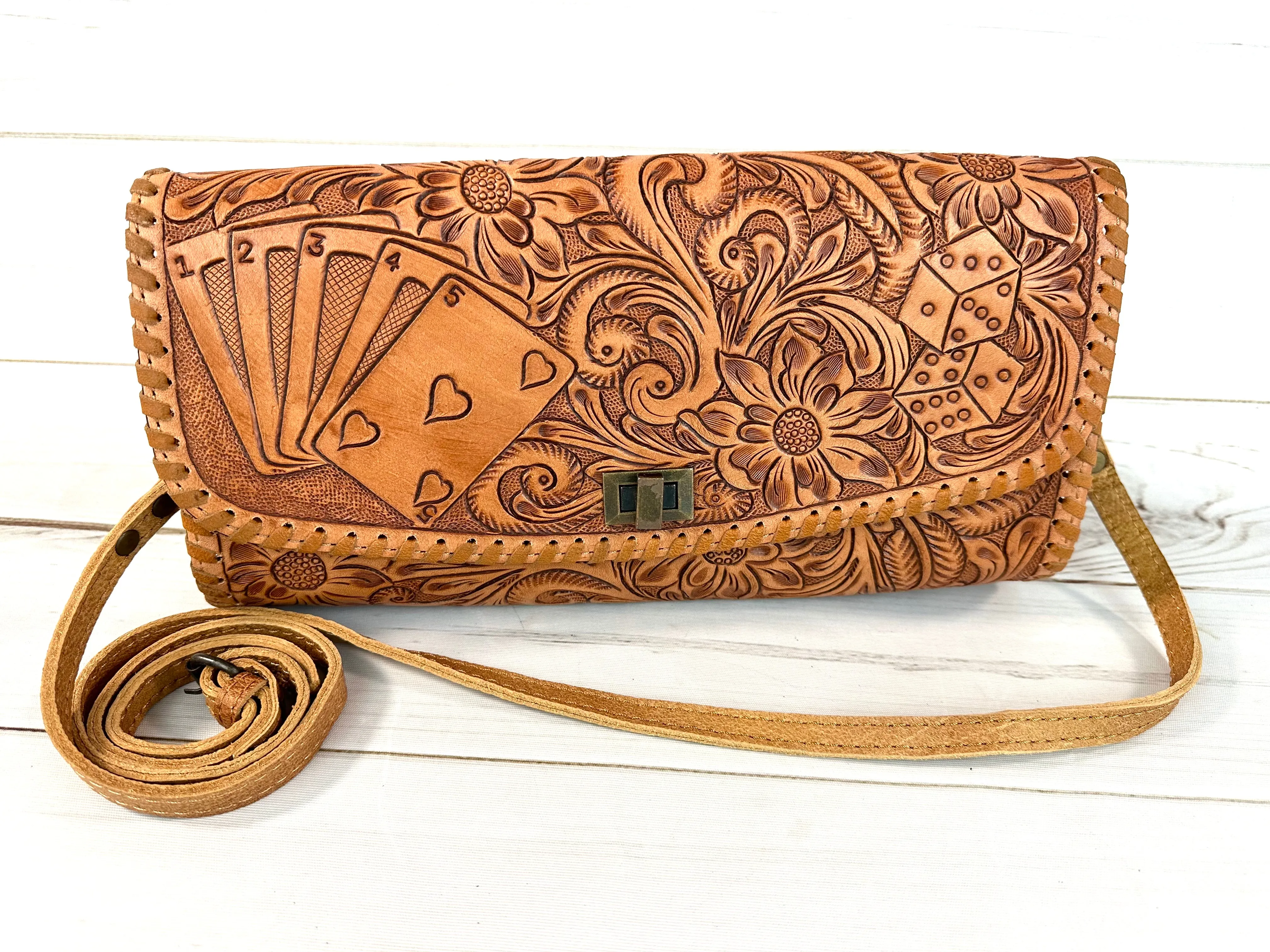 Vegas Hearts Leather Tooled Wide Clutch Handbag