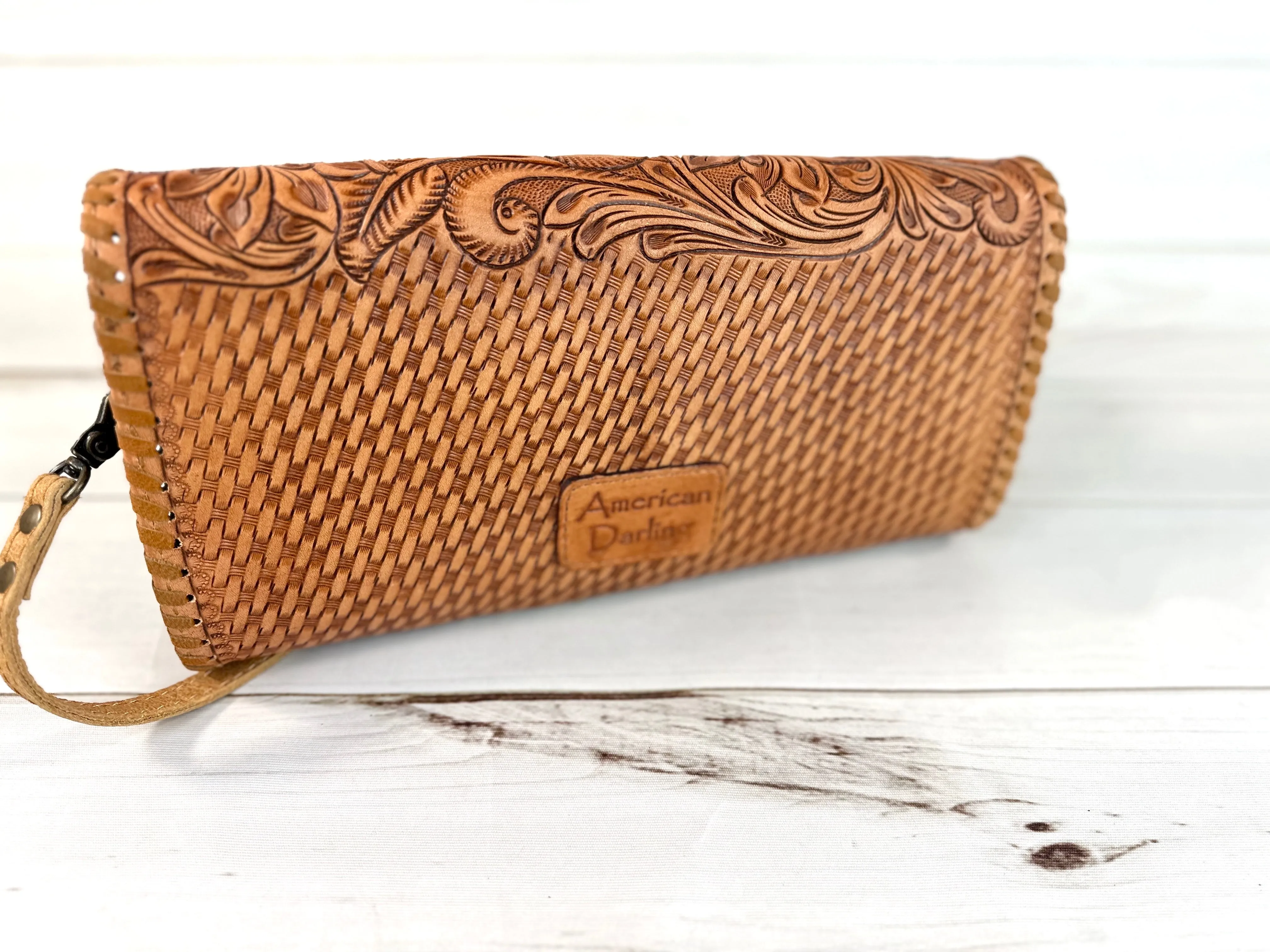 Vegas Hearts Leather Tooled Wide Clutch Handbag