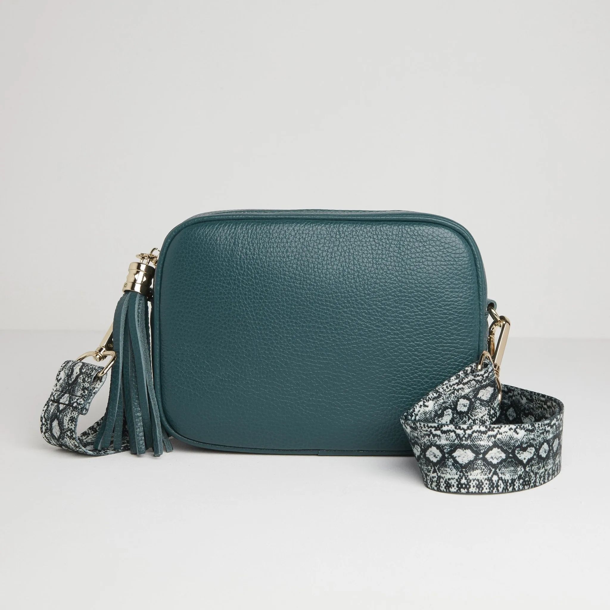 Verona Crossbody Tassel Teal Bag with Snake Print Strap