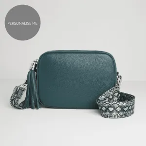 Verona Crossbody Tassel Teal Bag with Snake Print Strap