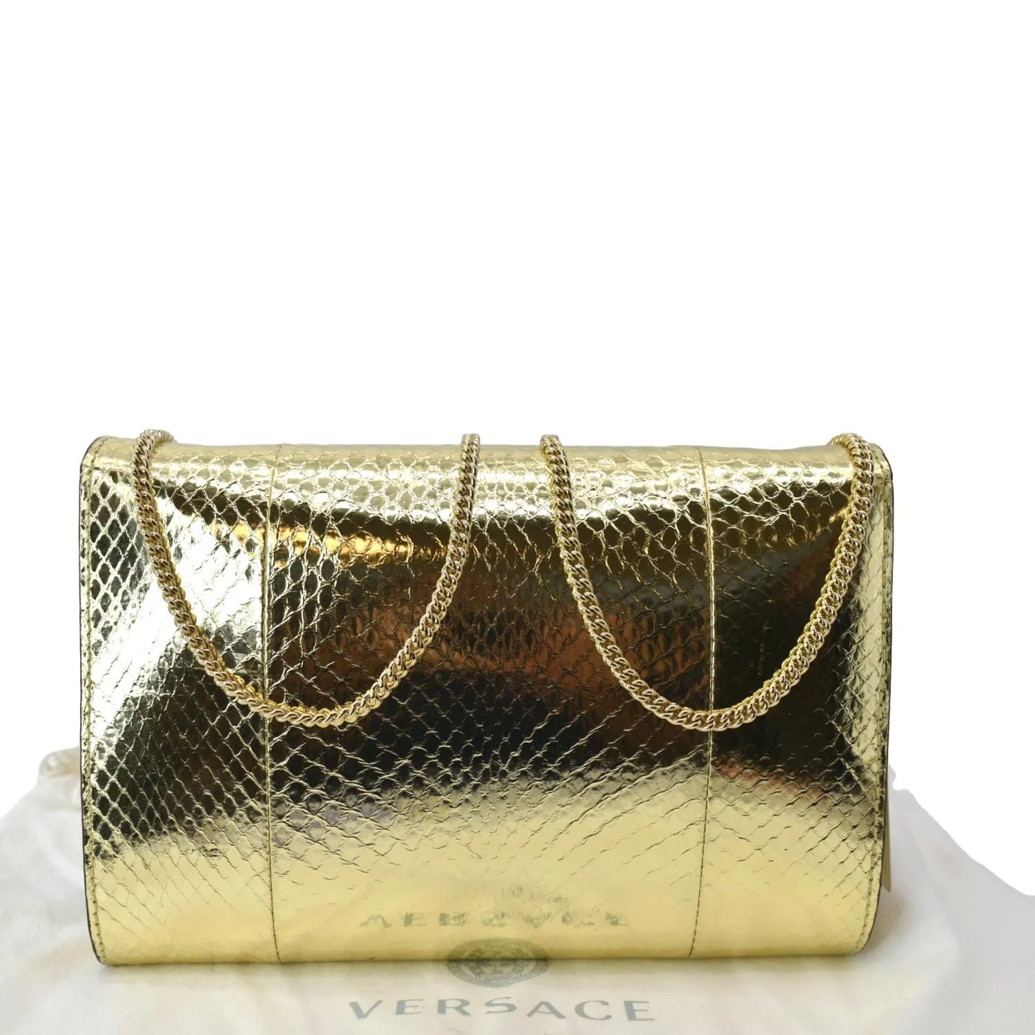 VERSACE Palazzo Medusa Metallic Leather Chain Clutch Bag Gold