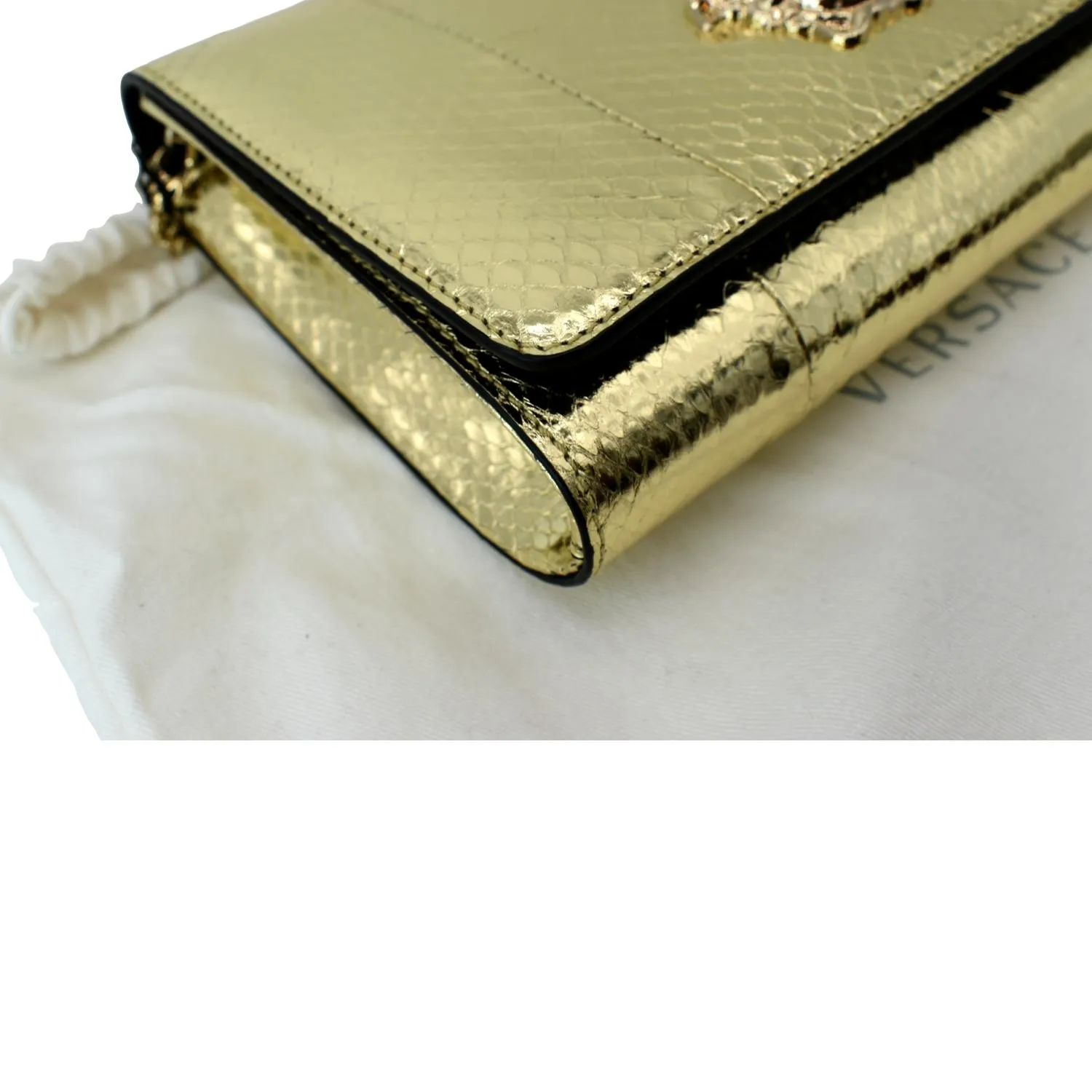 VERSACE Palazzo Medusa Metallic Leather Chain Clutch Bag Gold