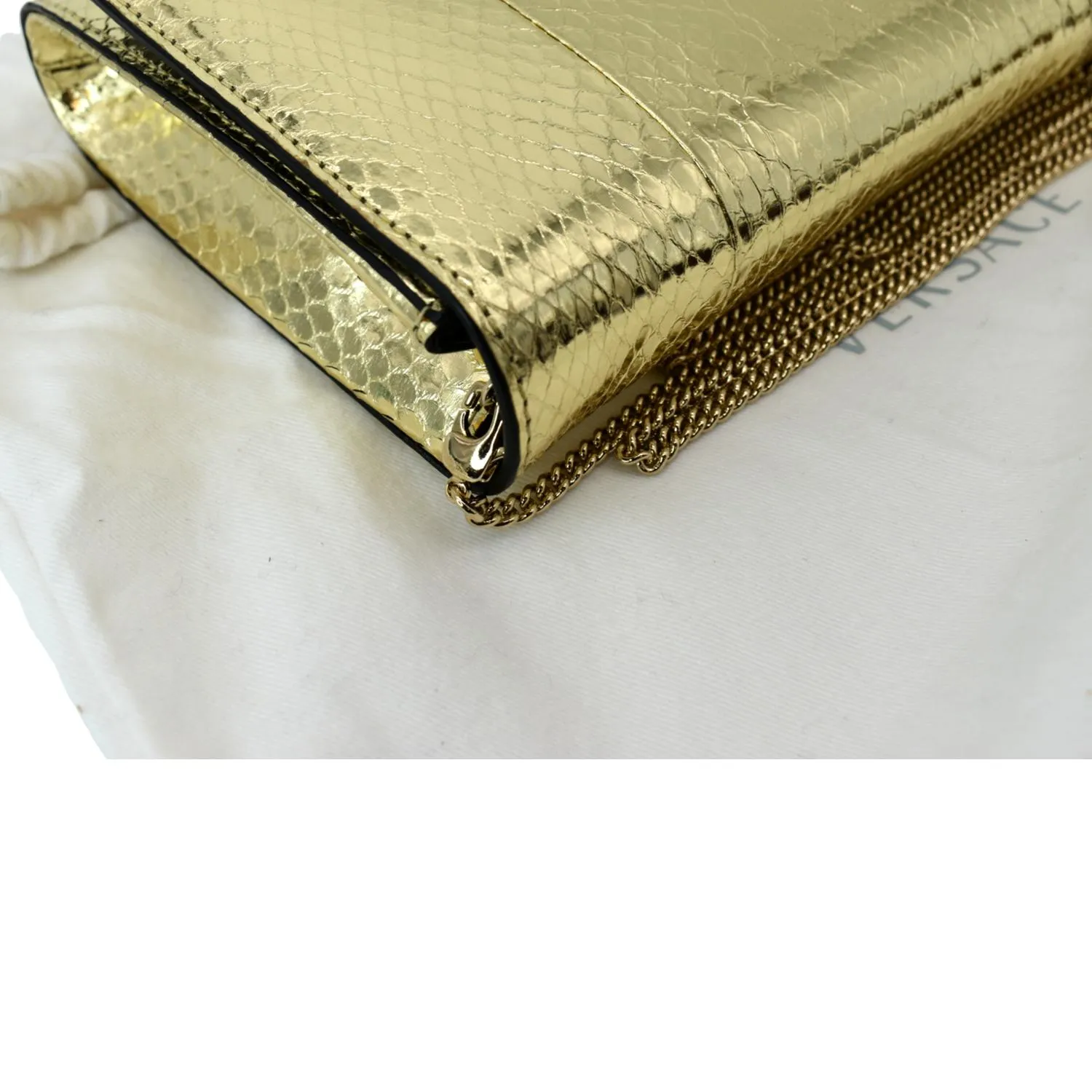 VERSACE Palazzo Medusa Metallic Leather Chain Clutch Bag Gold