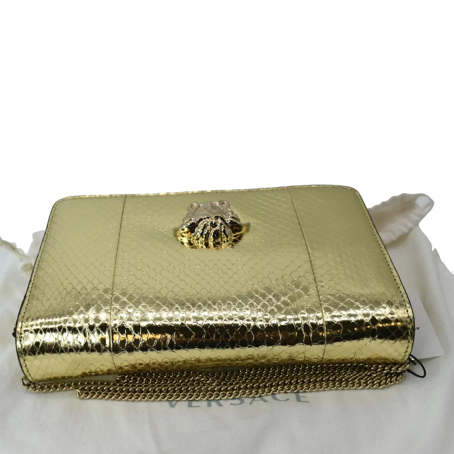 VERSACE Palazzo Medusa Metallic Leather Chain Clutch Bag Gold