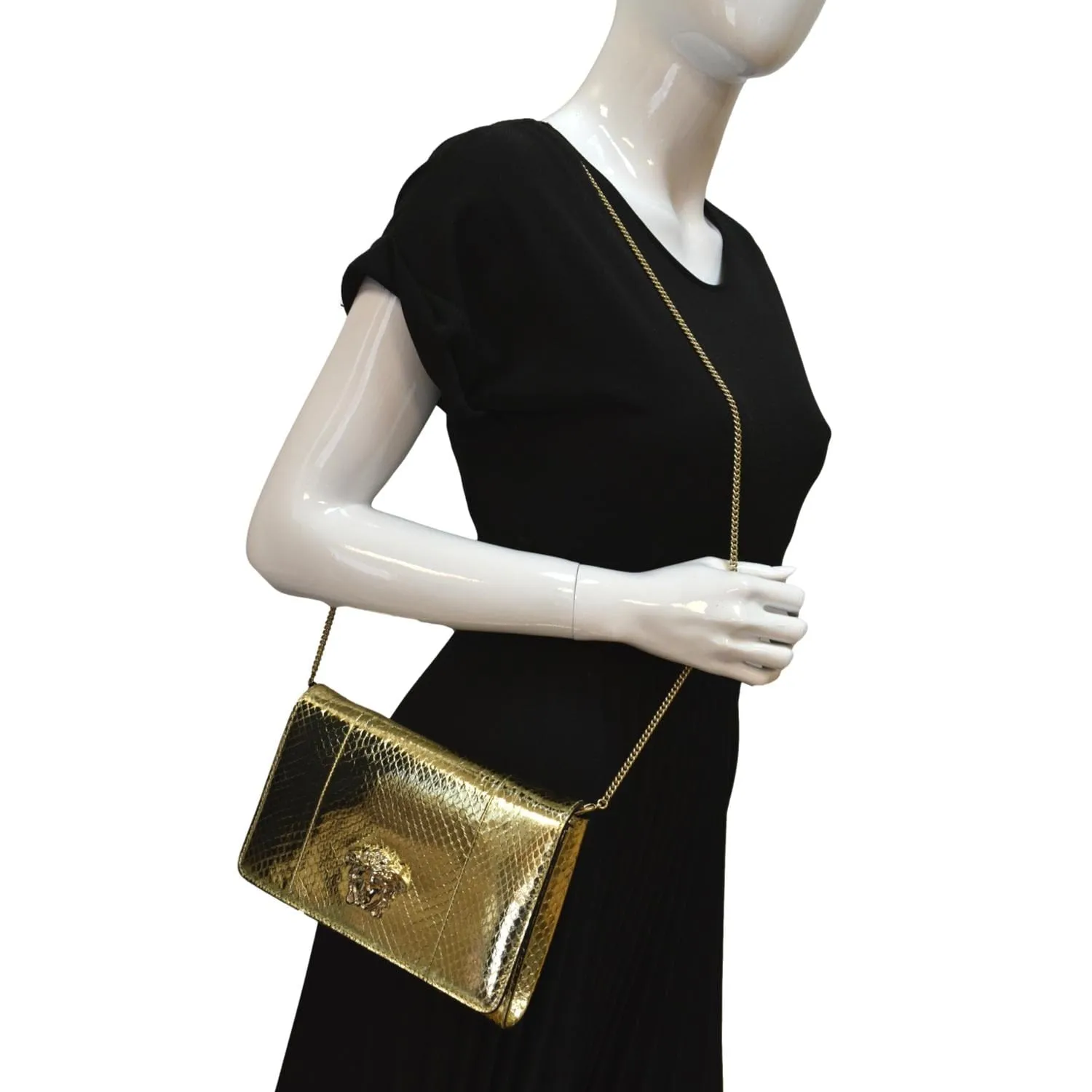 VERSACE Palazzo Medusa Metallic Leather Chain Clutch Bag Gold